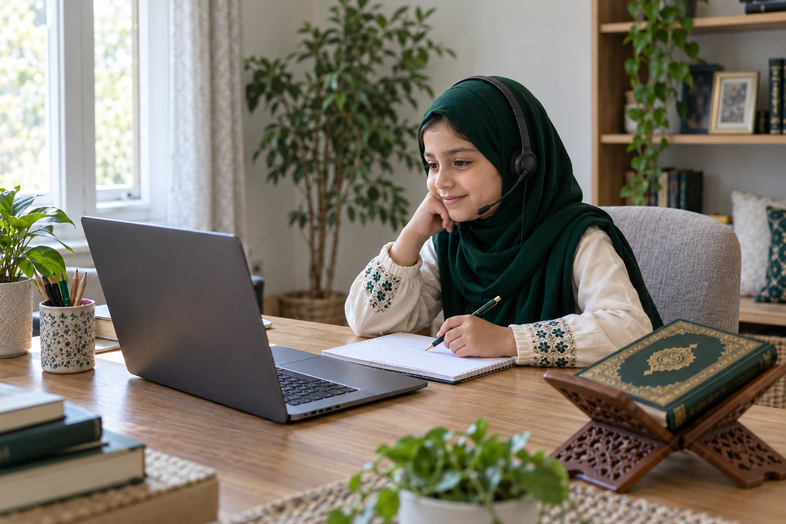 Illustrative female tutor helping a young learner read the Quran