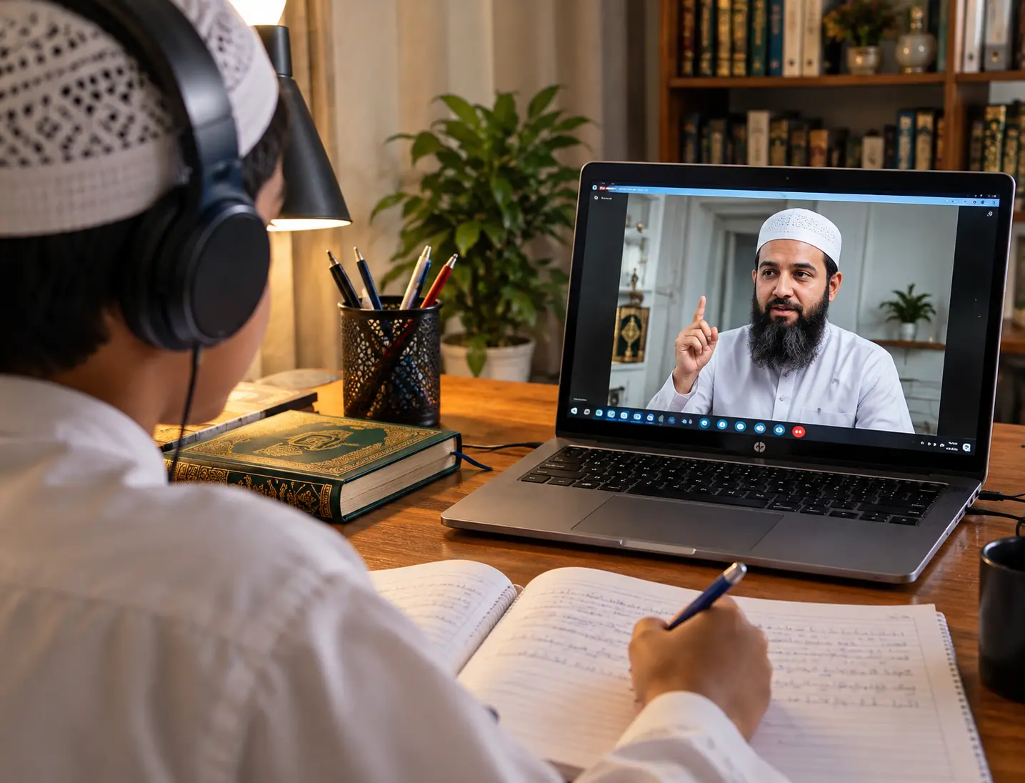 Student learning the Holy Quran online with a teacher