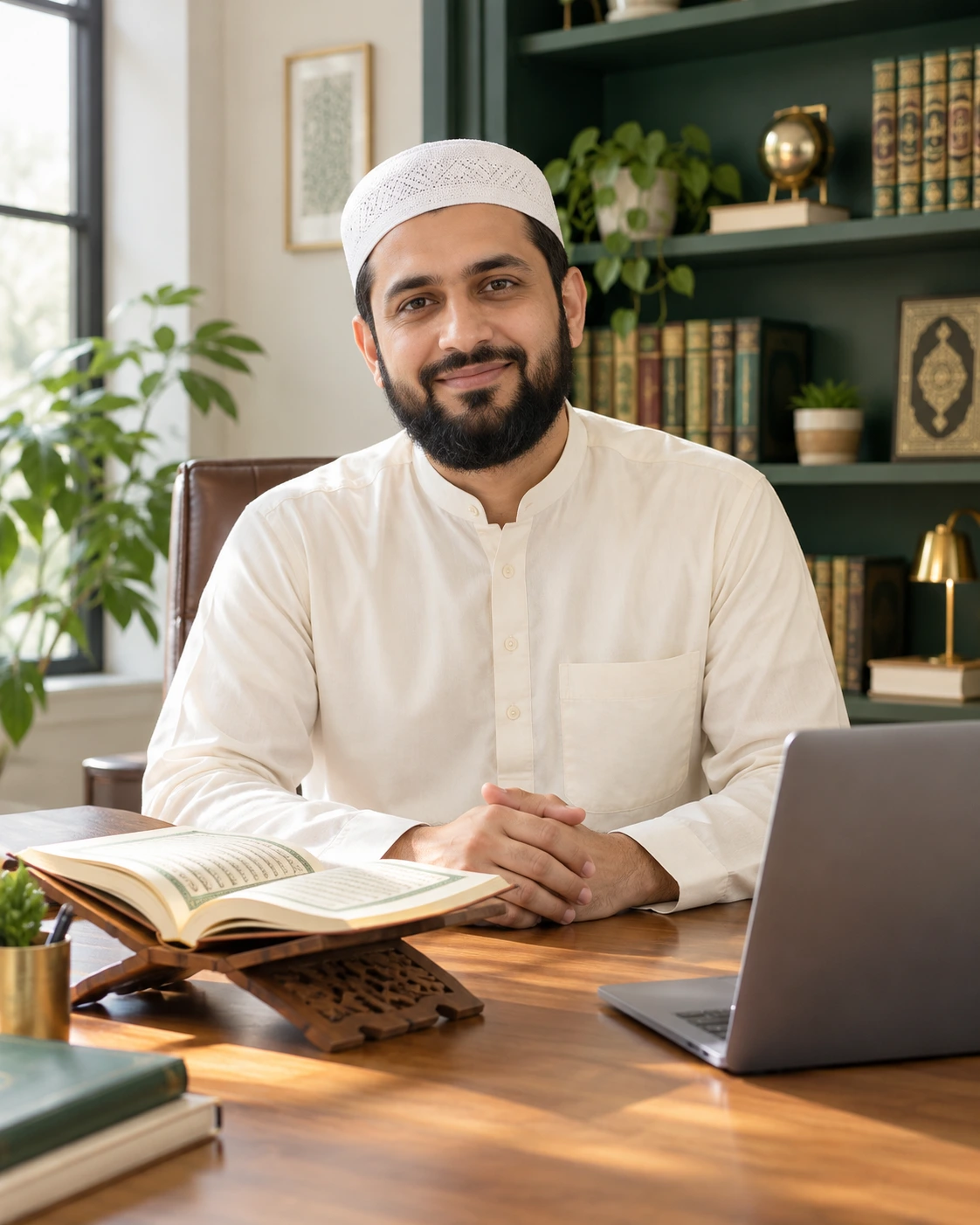 Illustrative male Quran tutor guiding a student