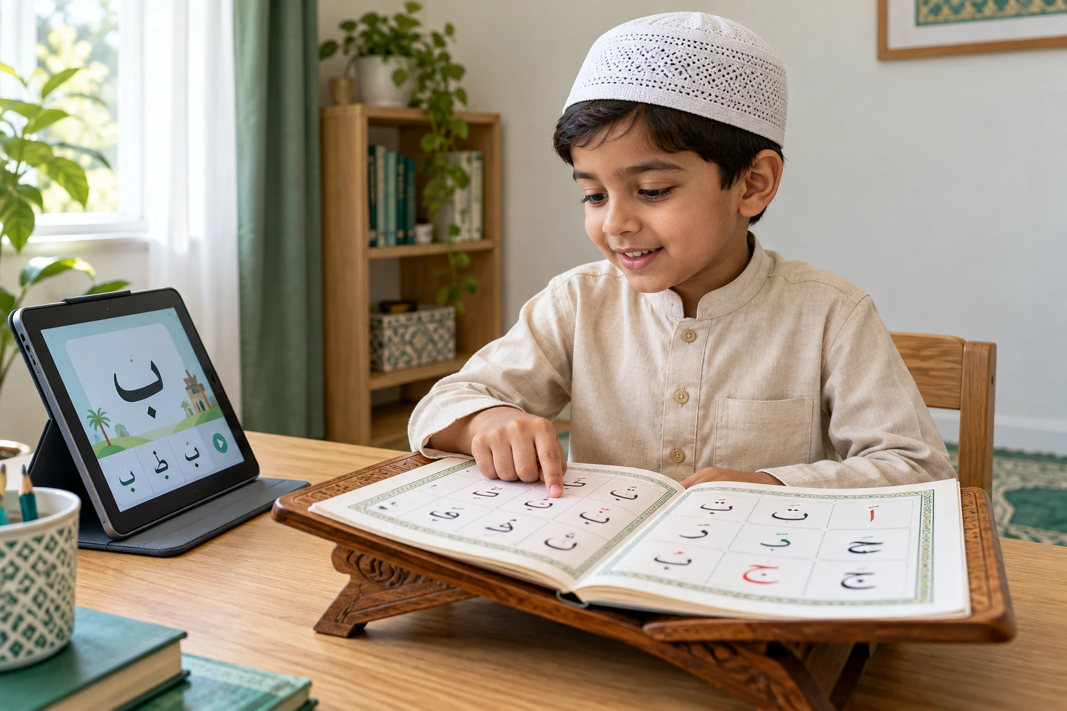 Illustrative child practising Arabic letters with a Qaida book