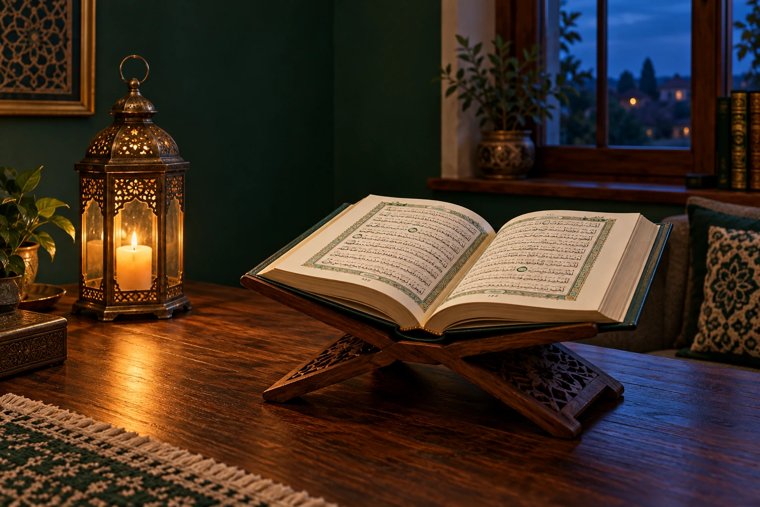 Quran with warm study lantern